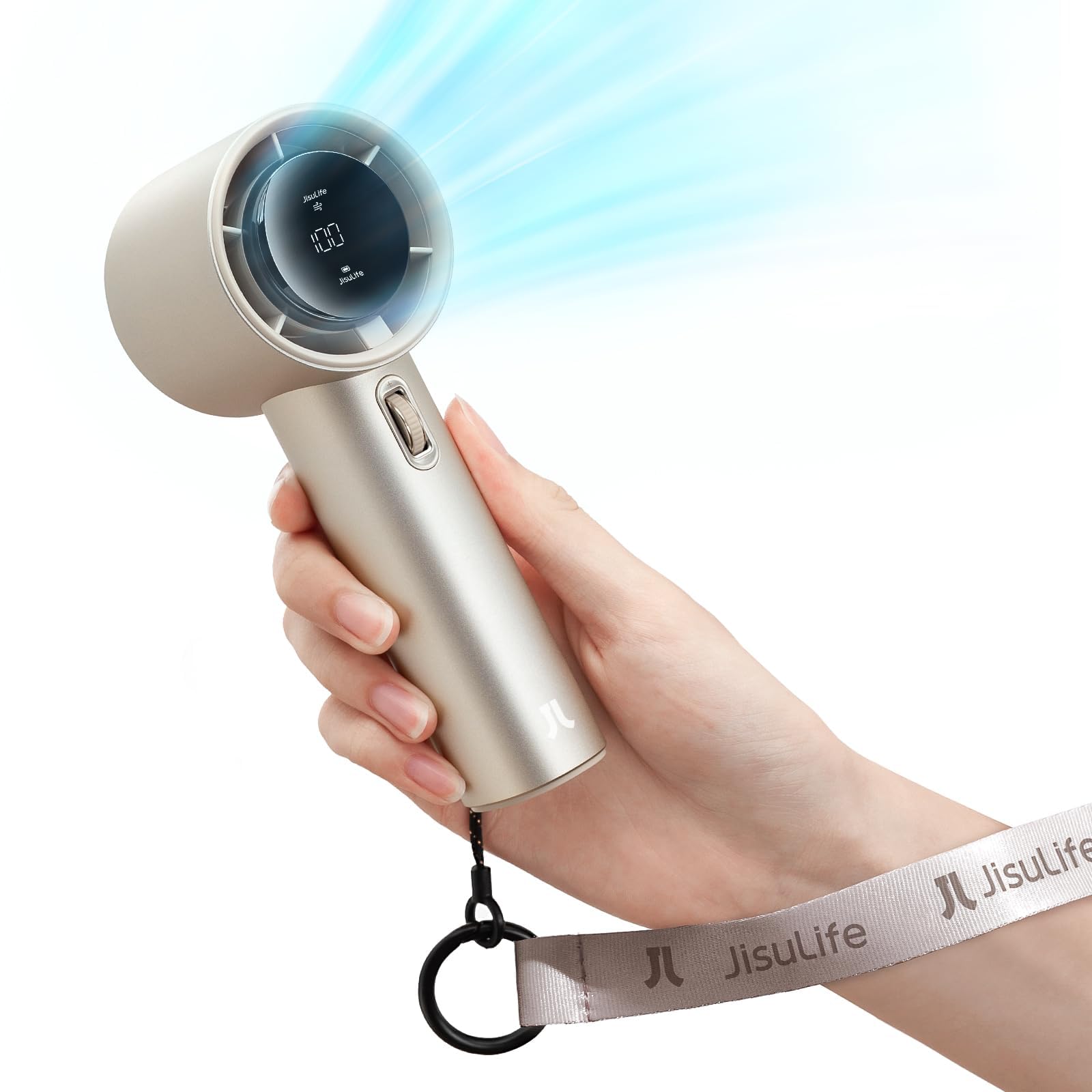 JISULIFE Handheld Fan Pro1 S with Digital Display, Lanyard, 100 Speed Adjustable for Travel/Camping/Outdoor, Gift for Women/Men 5000mAh (Light Brown)