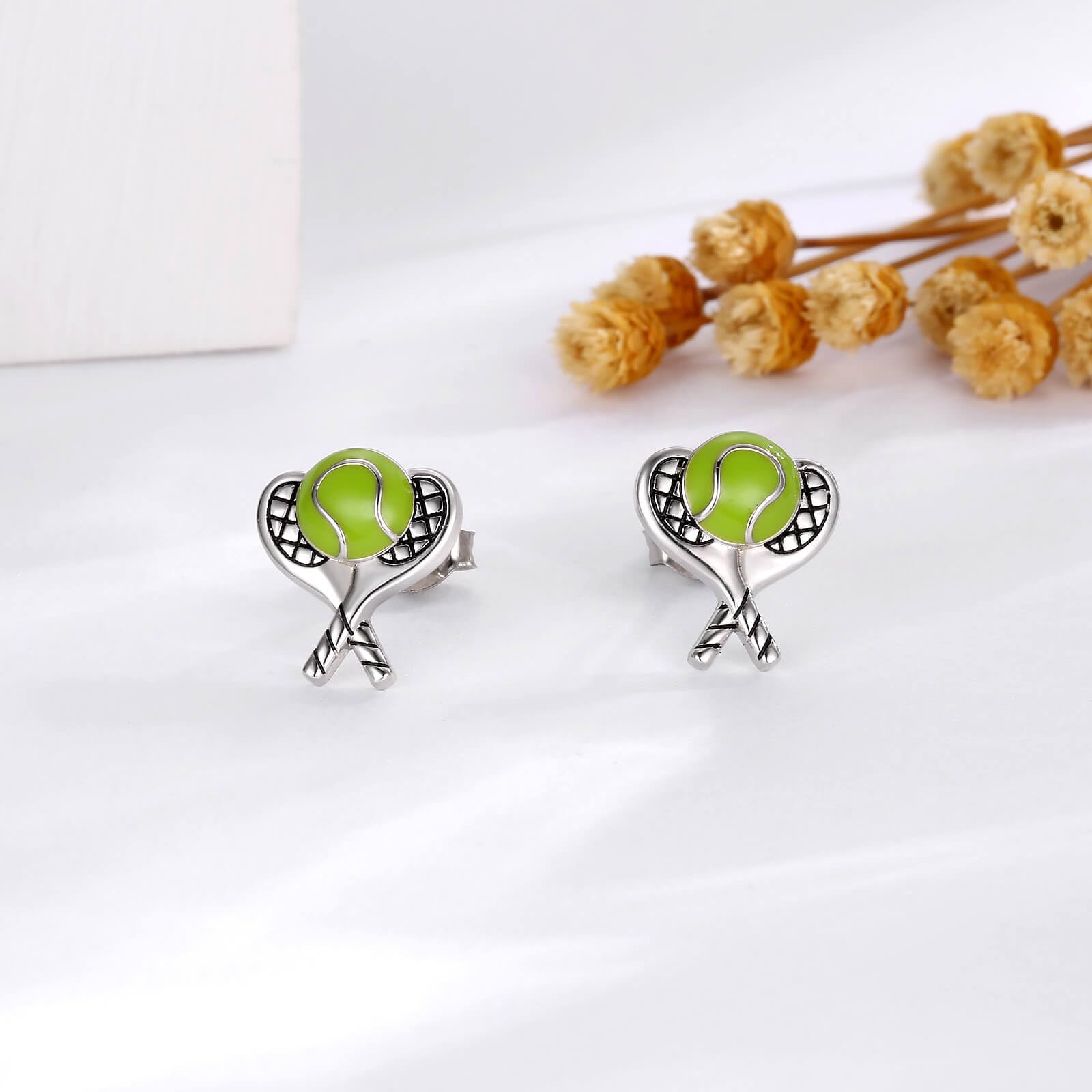 S925 - Orecchini a sfera da tennis in argento Sterling con sfera ipoallergenica per giocatori, gioielli sportivi, regalo per donne e ragazze