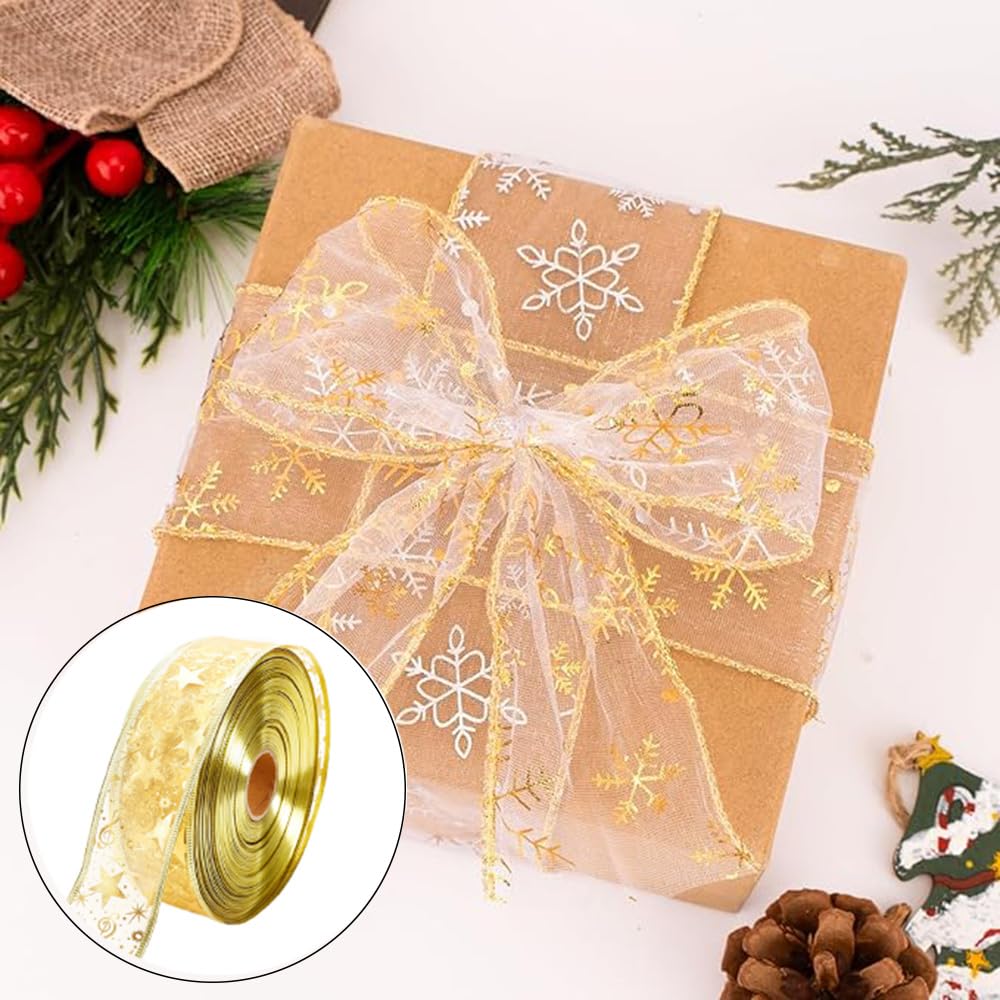 50 Yards Organzaband mit Draht Weihnachtsband 6.3CM Gold Schleifenband Geschenkband mit Sternen Musiknoten Organza Drahtband Glitzerband Weihnachtsbaum Dekoband für Party Hochzeit Kränze DIY