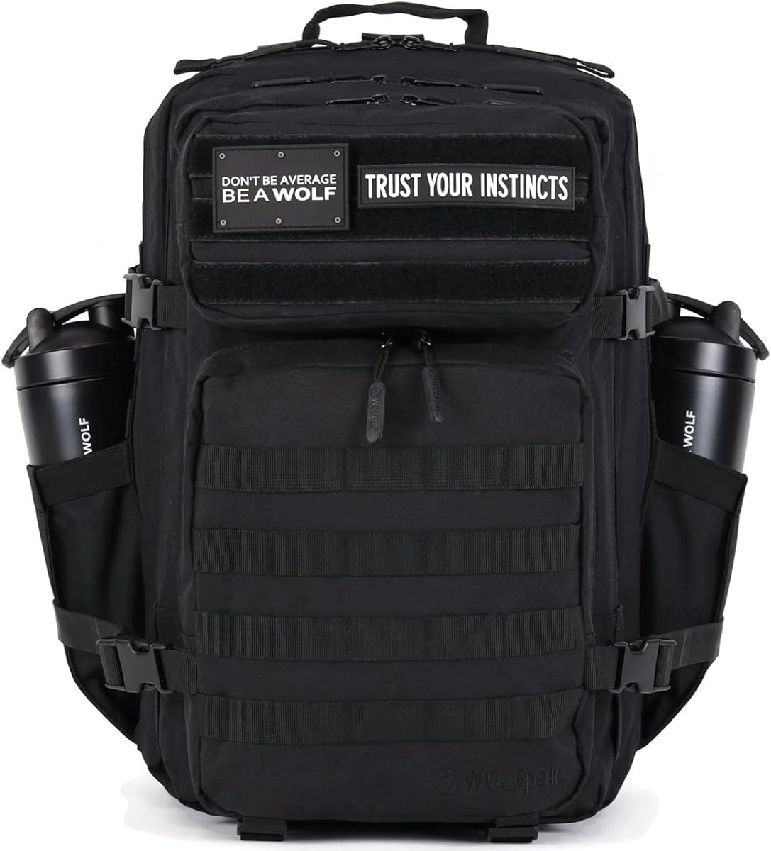 WOLFpak 45L Athletic Gym Backpack - Durable 1000D Waterproof Oxford Material with MOLLE Webbing, Laptop Pocket & Dual Cup Holders, Durable Fitness/Travel/Military Daypack (Alpha Black)