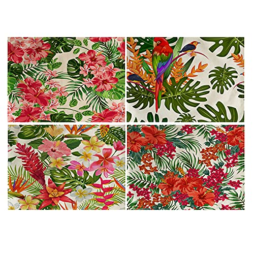 Tropical Leaves Table Mats Set Of 4 Parrot &Red Flower &Monstera Palm Patter Placemats Waterproof Heat Resistant Washable Non-Slip Place Mats For Dinner Room Kitchen Decor Table 12”×16” (Red) #TOP16