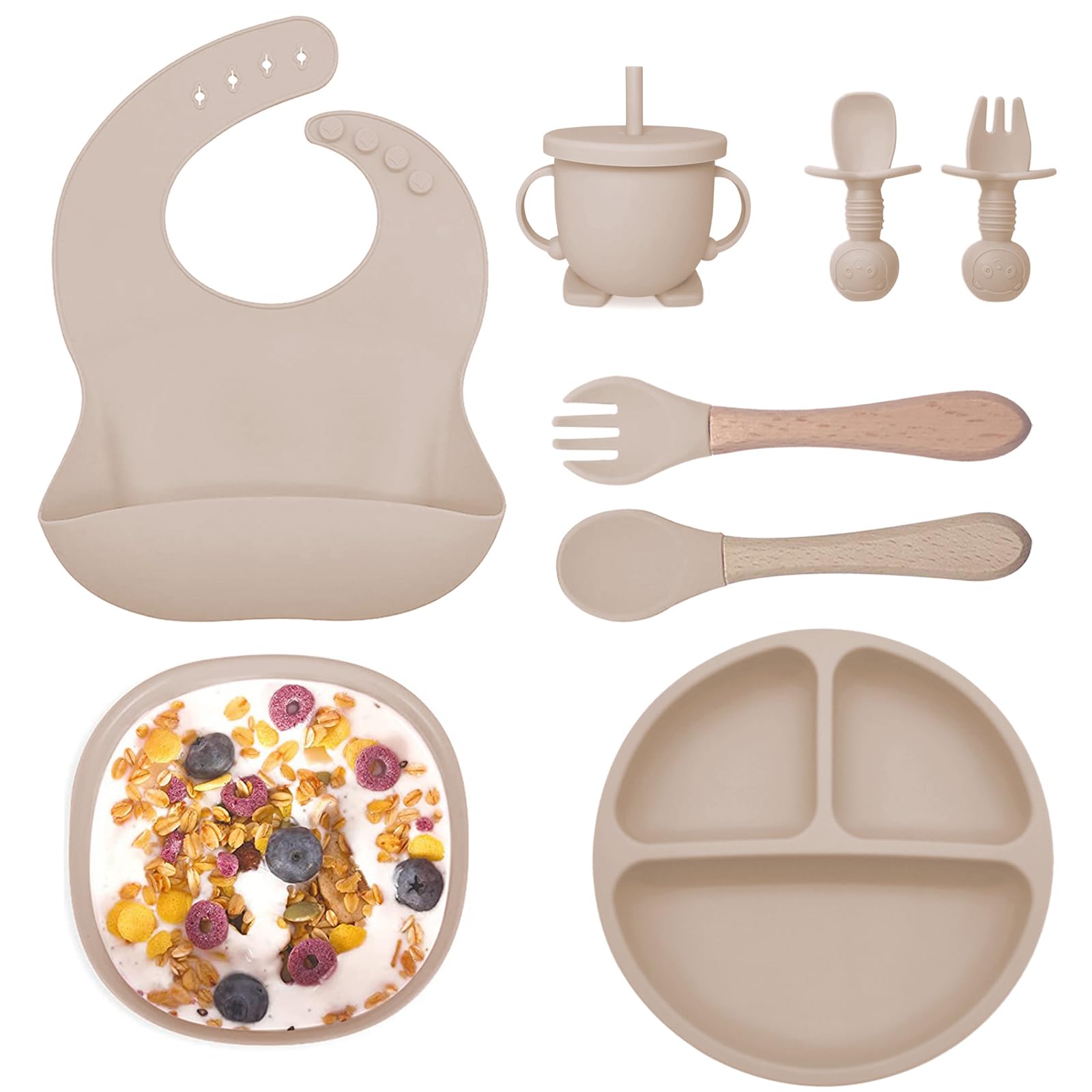 Baby Weaning Set,8pcs Toddler Feeding Set Adjustable Bib with Large Crumb Pouch, Suction Bowl, Cup, Fork, and Spoon Baby Feeding Sets Cutlery Set Easy Wipe Clean for Babies and Toddler (Yellow)