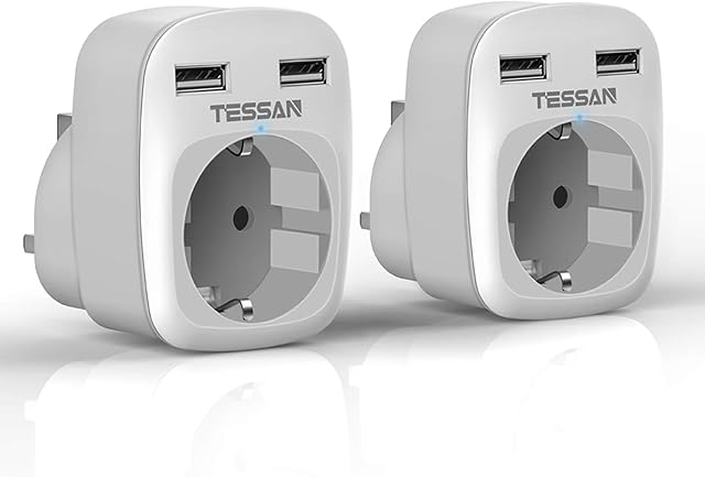 TESSAN 2 pak adapter podróżny UK adapter Anglia Niemcy wtyczka z 2 portami USB, adapter do gniazdka, wtyczka podróżna, adapter prądu do Irlandii Wielkiej Brytanii ładowarka ścienna, adapter gniazda