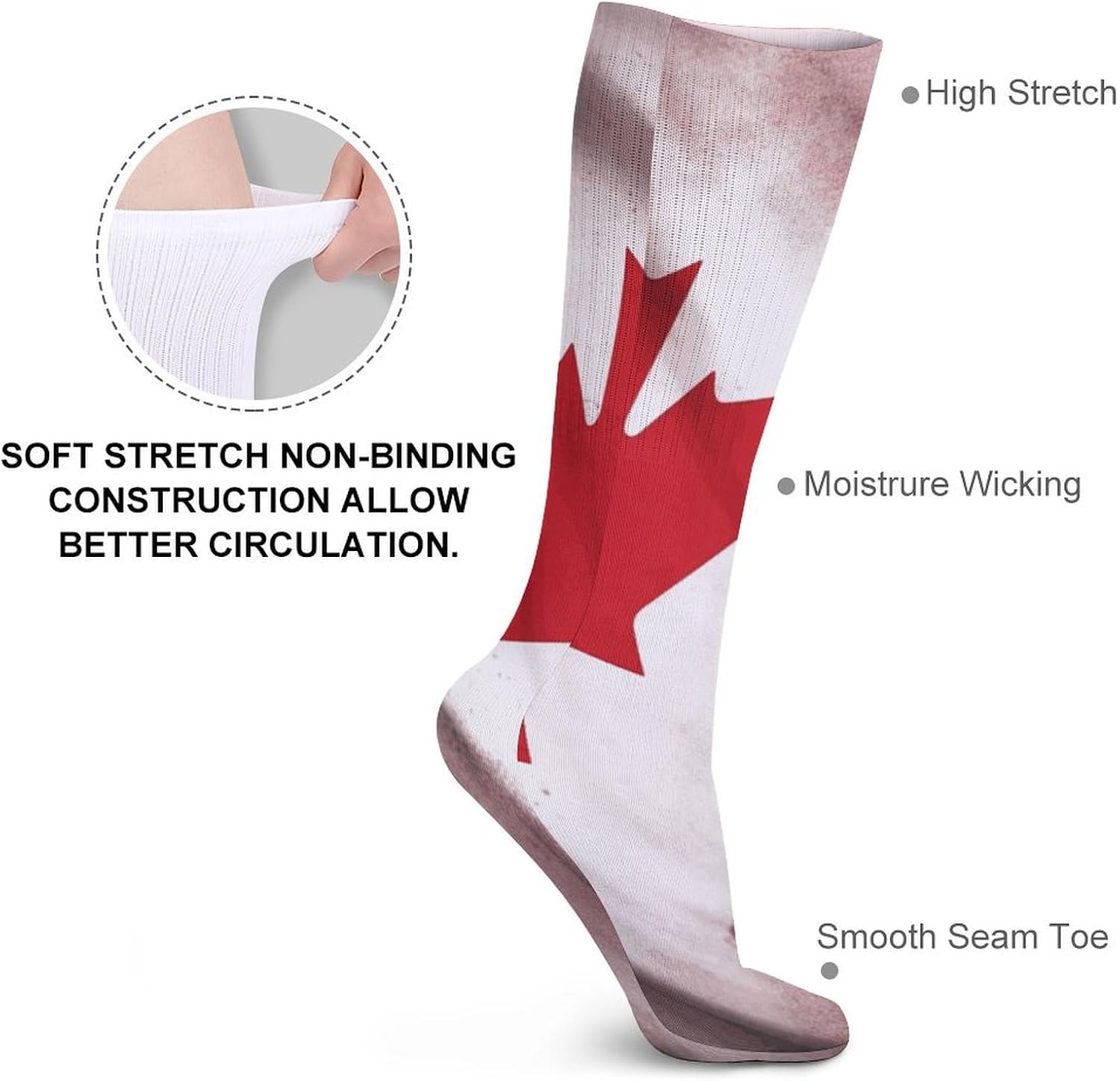 5 Pairs Knee High Socks Canadian Flag Long Tube Boot Seamless Toe