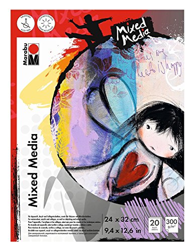 Marabu 1612000000074 - Malblock Mixed Media, 300 g/qm, 20 Blatt, 24 x 32 cm, naturweiß, Papier fein gekörnt, matt, säurefrei, für Aquarell- und Acrylmalerei, Collagetechnik, Skizzen und Mischtechniken