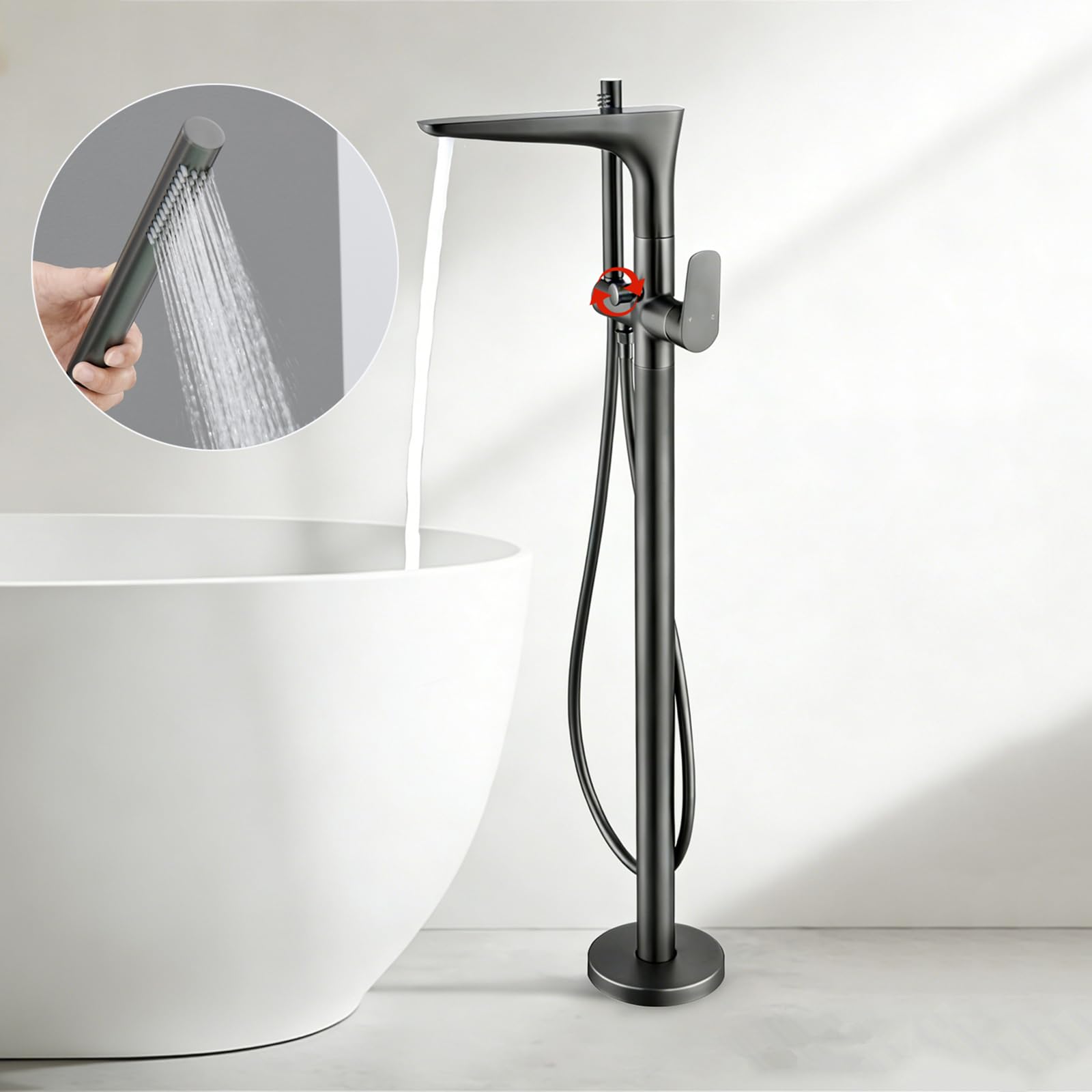 Grifo Mezclador de Bañera Y Ducha Grifo de Bañera Independiente Negro con Grifo de Suelo de Latón Negro para Agua Caliente Y Fría Giratorio 360°