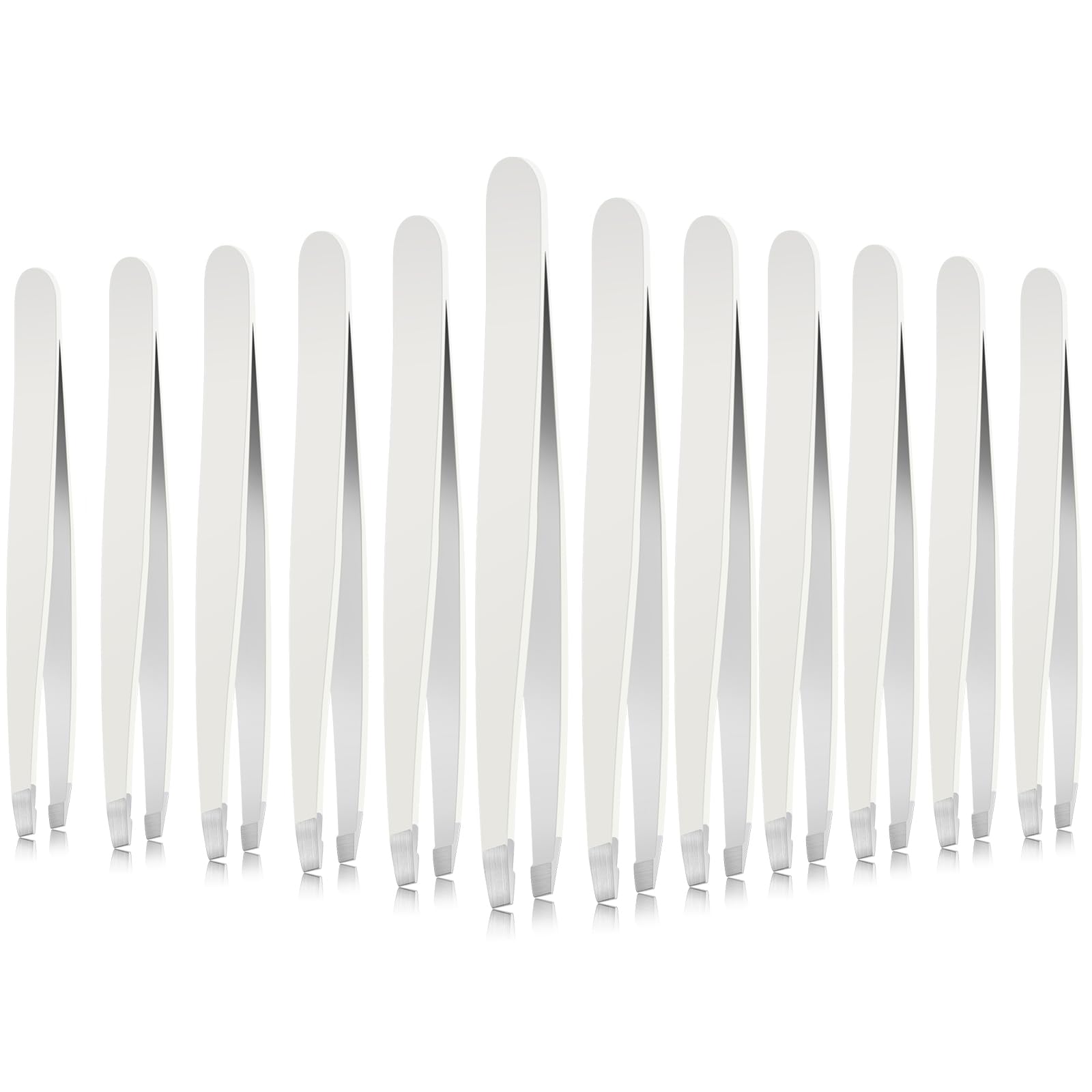 MudderMudder 12 Pcs Eyebrow Tweezers Set for Facial Hair Stainless Steel Slanted Tip Tweezers in Bulk for Men and Women (White)