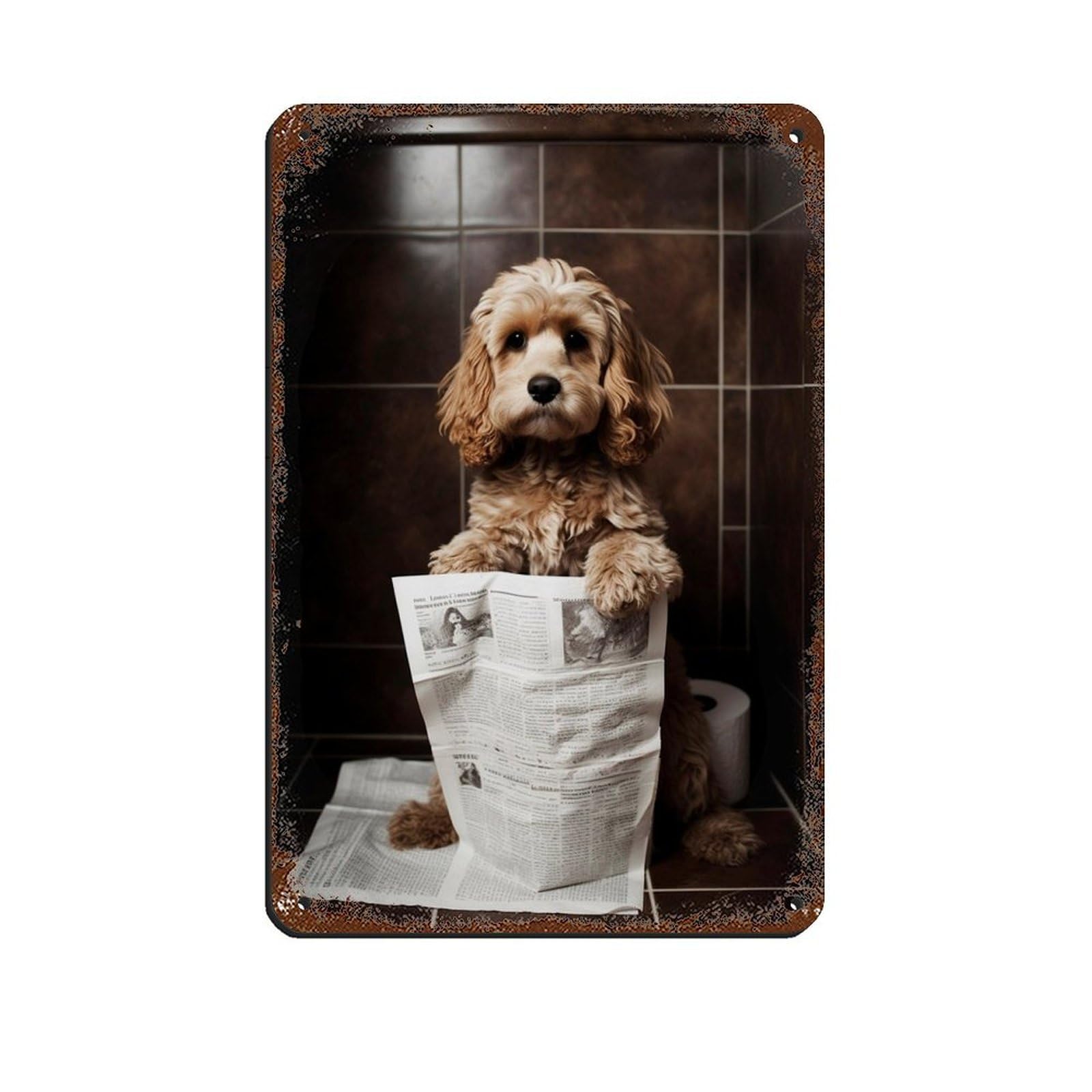 Cocker Spaniel Reading The Newspaper on The Toilet Bowl Retro Poster Metal Tin Sign Chic Art Retro Iron Painting Bar People Cave Cafe Family Garage Poster Wall Decoration 8x12inch(20x30cm)