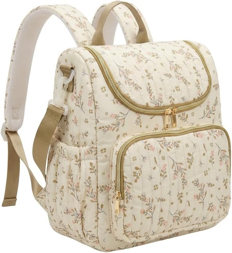 Lushandy Quilted Diaper Bag Backpack, Floral Puffer Diaper Backpack with Stroller Straps Large Baby Travel Hospital Bag