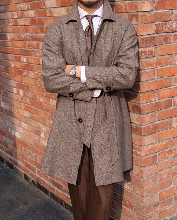 HZUOU Men's Woolen Trench Coat Regular Fit Herringbone Tweed Belted Peacoat for Work Single Breasted Mid Long Jacket UOU373