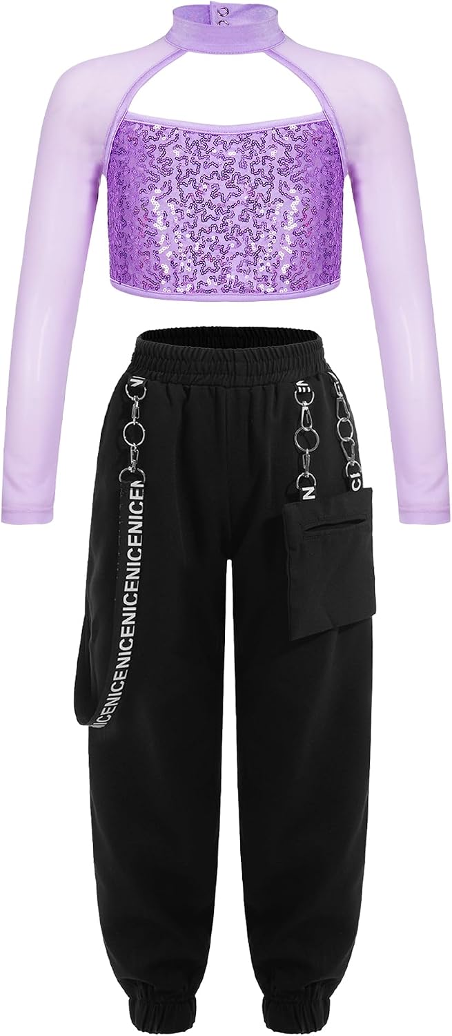 Hularka Kids Girls Long Sleeve Mock Neck Jazz Hip Hop Ballet Dance Crop Top and Jogger Cargo Pants Performance Costume