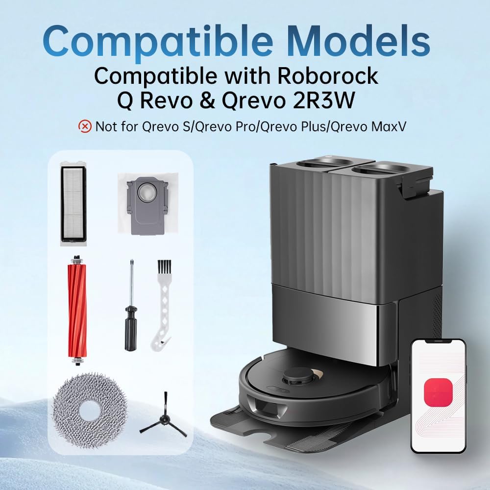 26 PCS Replacement Accessories for Roborock Q Revo Robot Vacuum(Not for Qrevo S/Pro/Plus/MaxV), 2 Main Brushes, 4 Filter, 6 Mop Cloths, 6 Dust Bags, 6 Side Brushes, 1 Cleaning Brush, 1 Screwdriver
