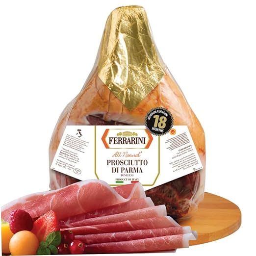 Ferrarini, Prosciutto di Parma, Premium Grade, DOP, Aged 18 Months, Boneless,16-21 lbs +/- per piece Prosciutto Crudo. Product weight varies 3-4 lbs per unit. Premium Italian Brand.