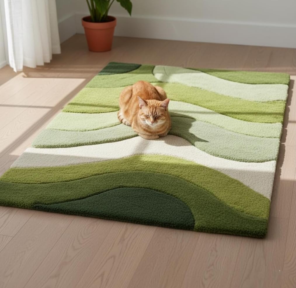 Green Abstract Wave Area Rug, Tufted, Multi-Shade Living Room and Dining Room Carpet (8' x 10' Feet)