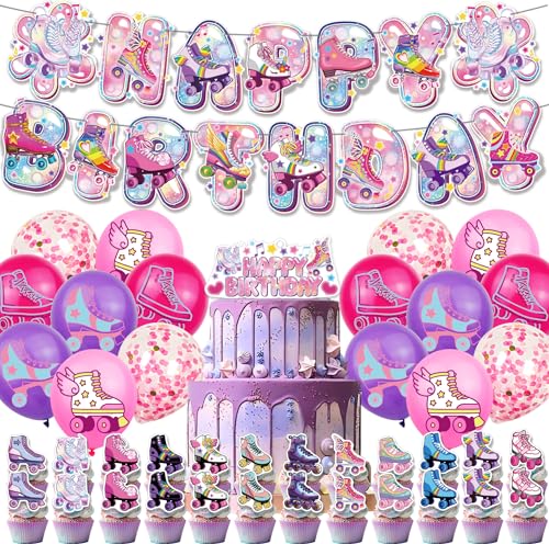ADILAIDUN 42pc Roller Skating Party Supplies Set - Pink Cartoon Theme...