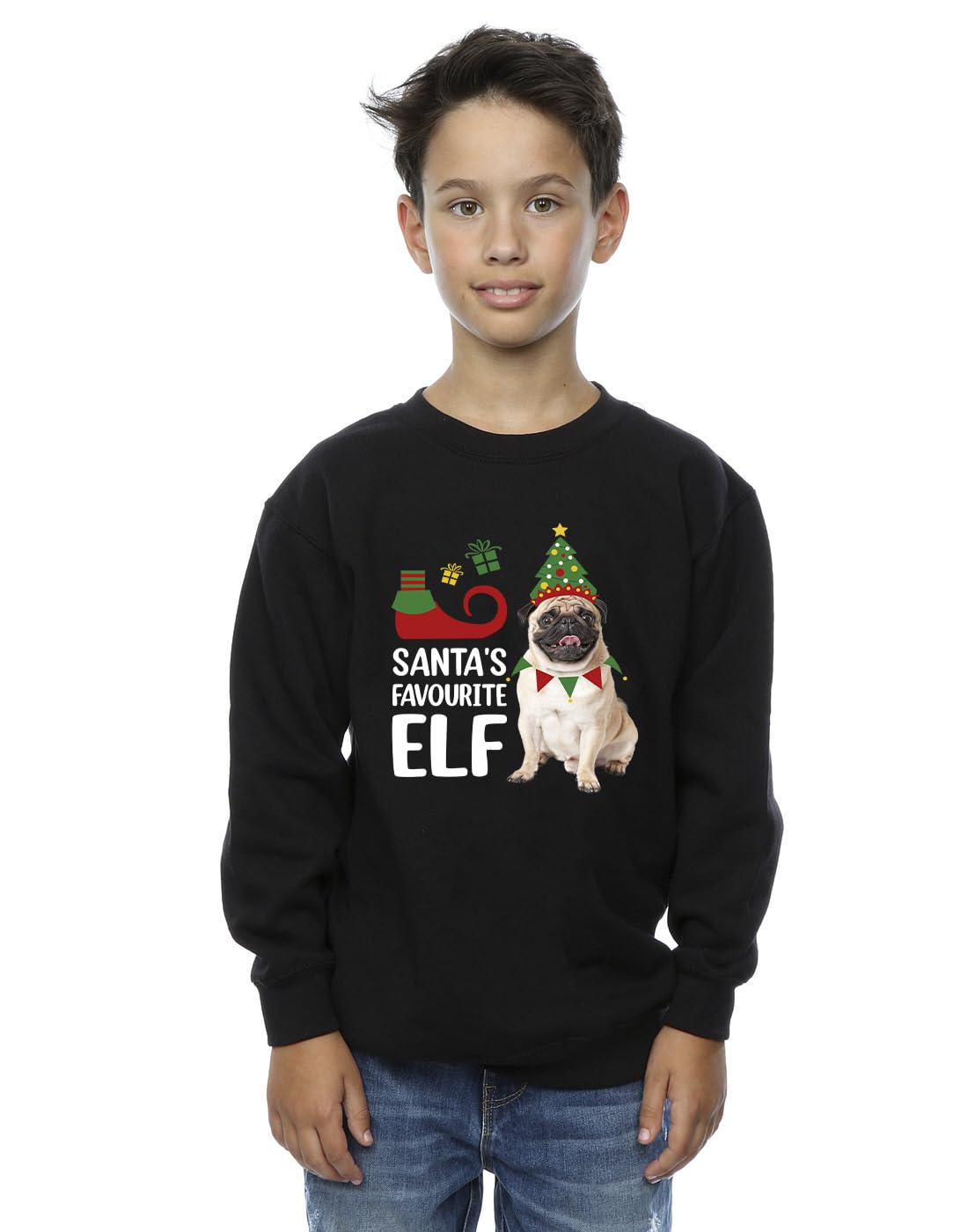 Christmas Boys Pug Santa's Favourite Elf Sweatshirt Black 9-11 Years