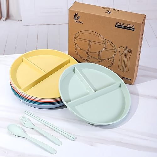 Miniatura 7 de CHOUBAGUAI Platos divididos para adultos, paquete de 4 platos de control de porciones, platos de paja de trigo divididos de 9 pulgadas,
