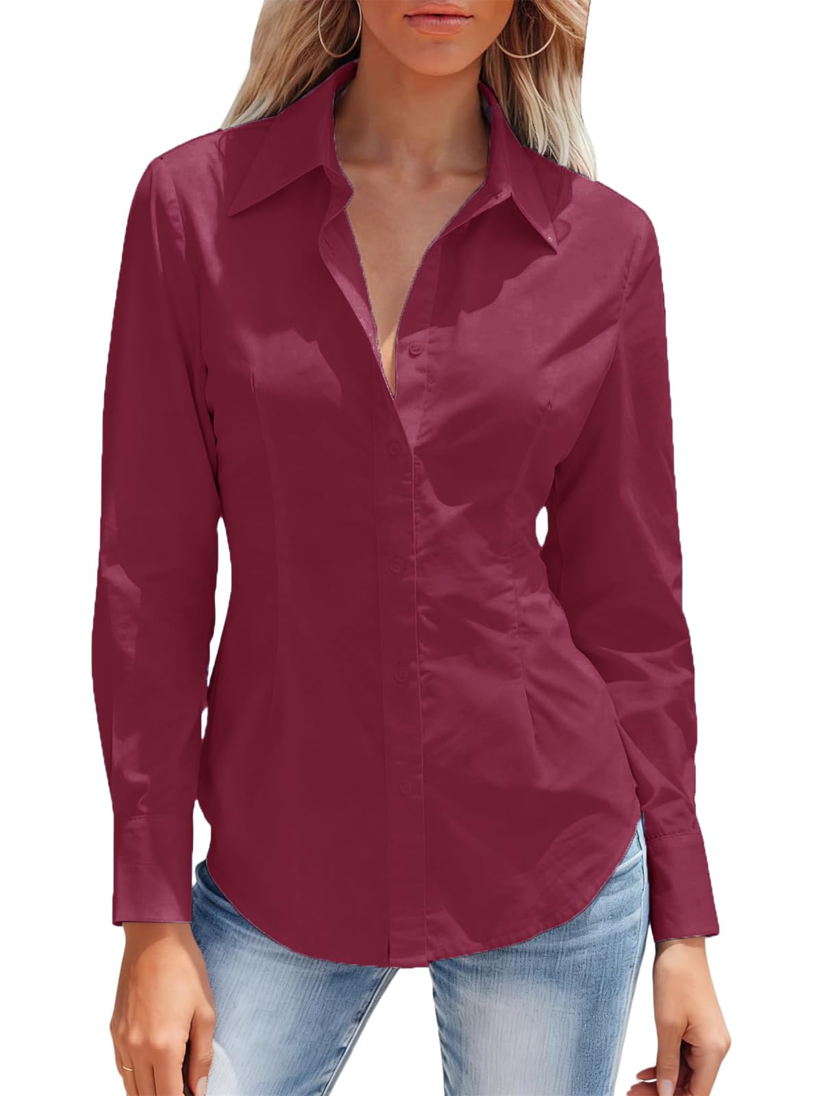 Button Down Shirts for Women Long Sleeve Dress Shirts Wrinkle Free Collared Work Office Solid Blouses Corset Tops
