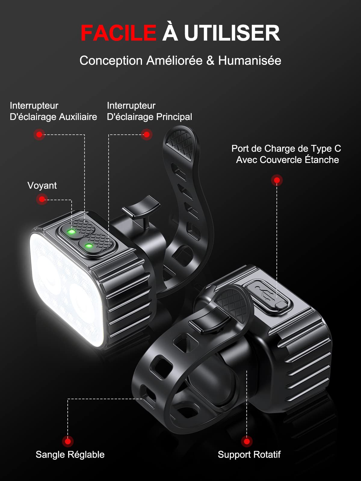CIRYCASE Lampe Vélo LED Avant et Arrière 8+12 Modes IPX6 USB Rechargeable