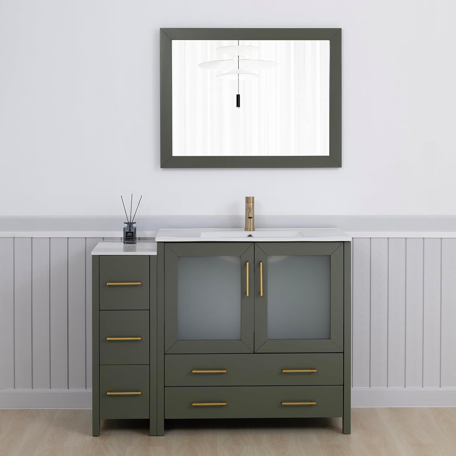 Vanity Art 48 Inch Under Mount Single Sink Bathroom Vanity Cabinet with 1 Mirror, Ceramic Top Bathroom Cabinet Compact Set with 5 Dovetail Storage Drawers and Brushed Nickel Handles, VA3036-48-VG