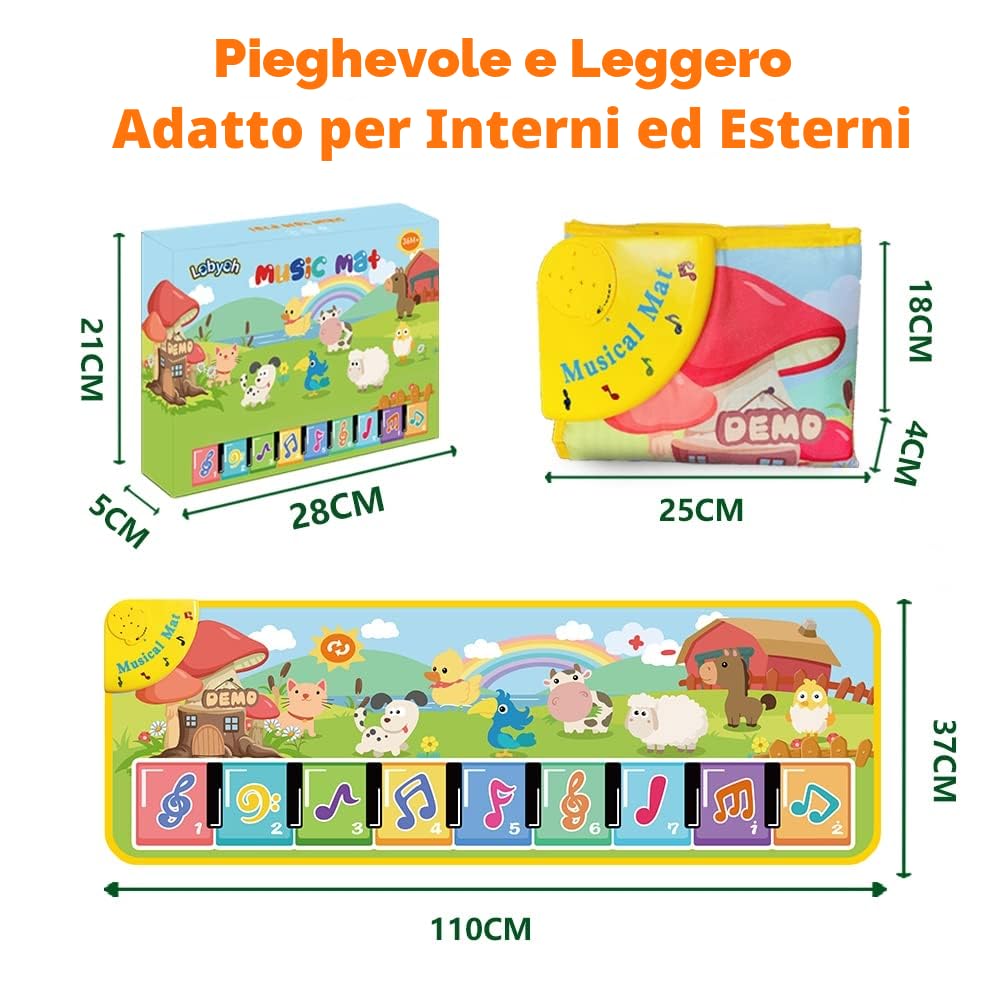 Lobyoh Tappeto Musicale per Bambini con 8 Animali, Piano Regali Compleanno per Ragazzi Ragazze, Tappeto da Danza, Tappetino per Pianoforte, Giocattolo Musicale per Bambini