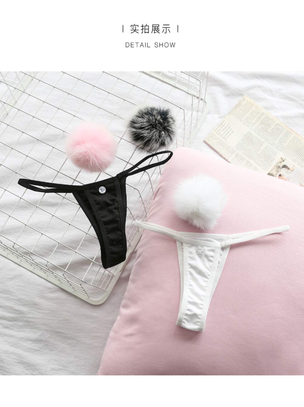 ADESUGATA Womens Thong Pantie Cute Rabbit Tail Low Waist G-String Fur Ball Solid Bikini T-Back Cosplay Bunny Girl Underwear: 0-1 Blakc,white