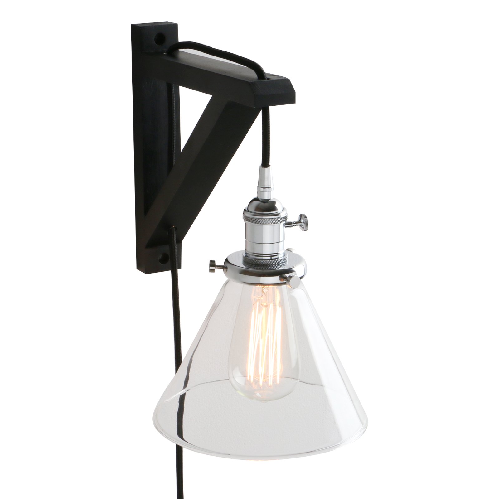 PathsOn Industrial Vintage Wall Lights Plug in Sconce Lamp Fittings with Cone Clear Glass Lampshade,Switch and Wooden Frame, 4M Black Cloth Wire(Chrome)