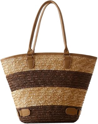 Womens Woven Beach Bag Large Capacity Straw Tote Bag with Leather Stripes