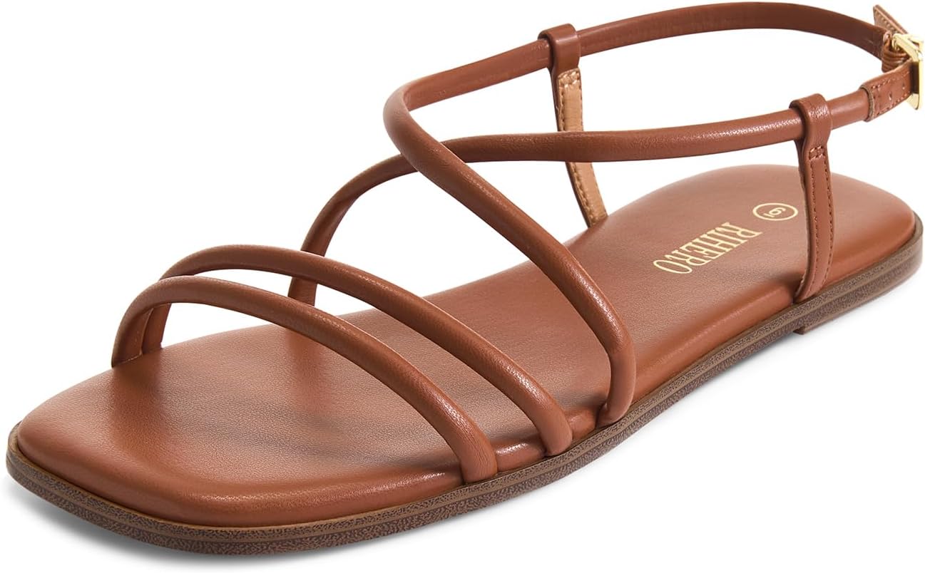 Rihero Women's Strappy Flat Sandals Summer Lace Up Open Toe Comfortable Slip-On Ankle Strap Sandals
