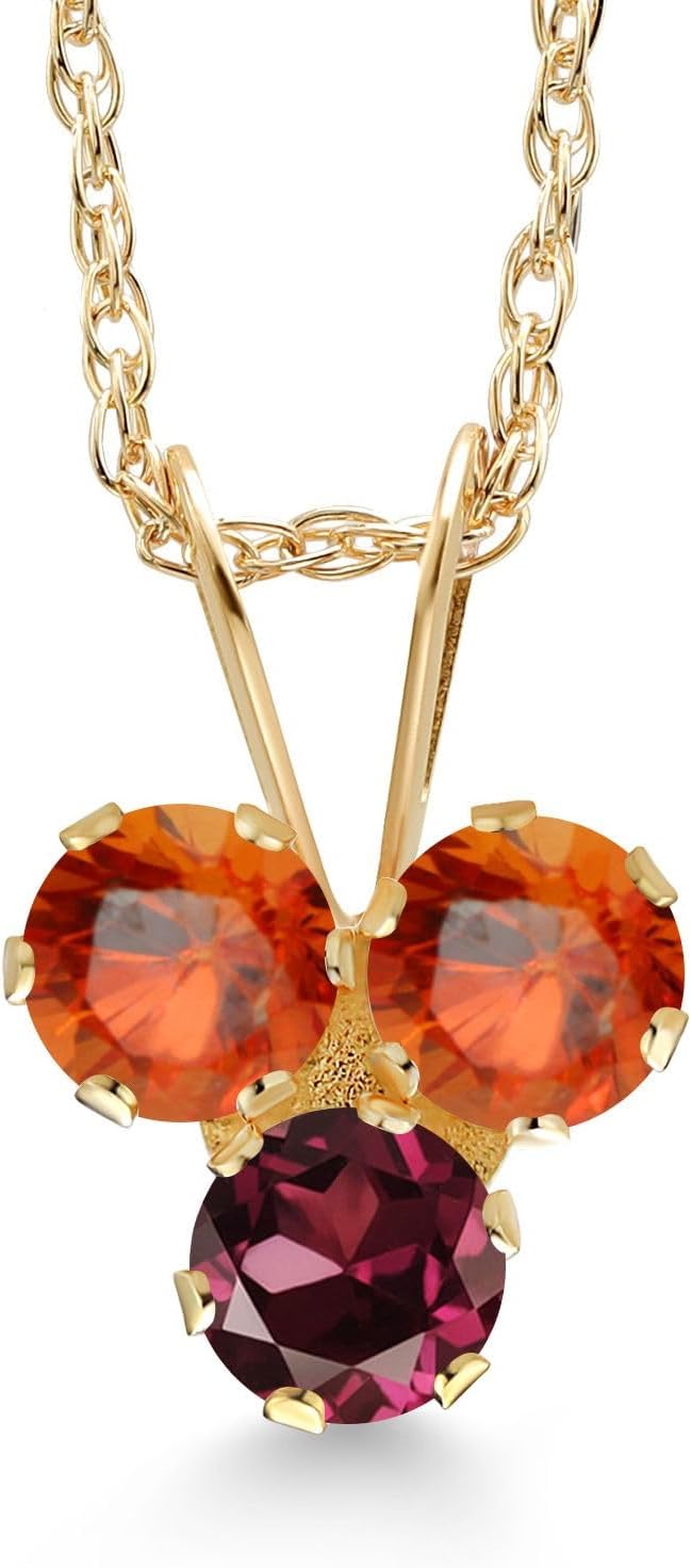 Gem Stone King 14K Yellow Gold Orange Sapphire and Red Rhodolite Garnet 3-Stone Pendant Necklace For Women (0.44 Cttw, Gemstone September Birthstone, Round 3MM, 18 Inch Chain)
