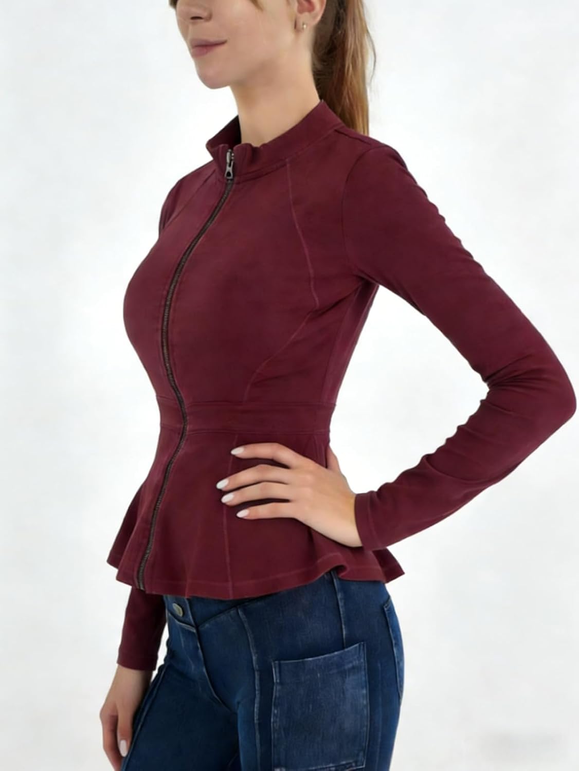 Casual Denim Peplum Jacket for Women Long Sleeve Zip Front Athletic Workout Ruffle Blazer Coats - Image 4