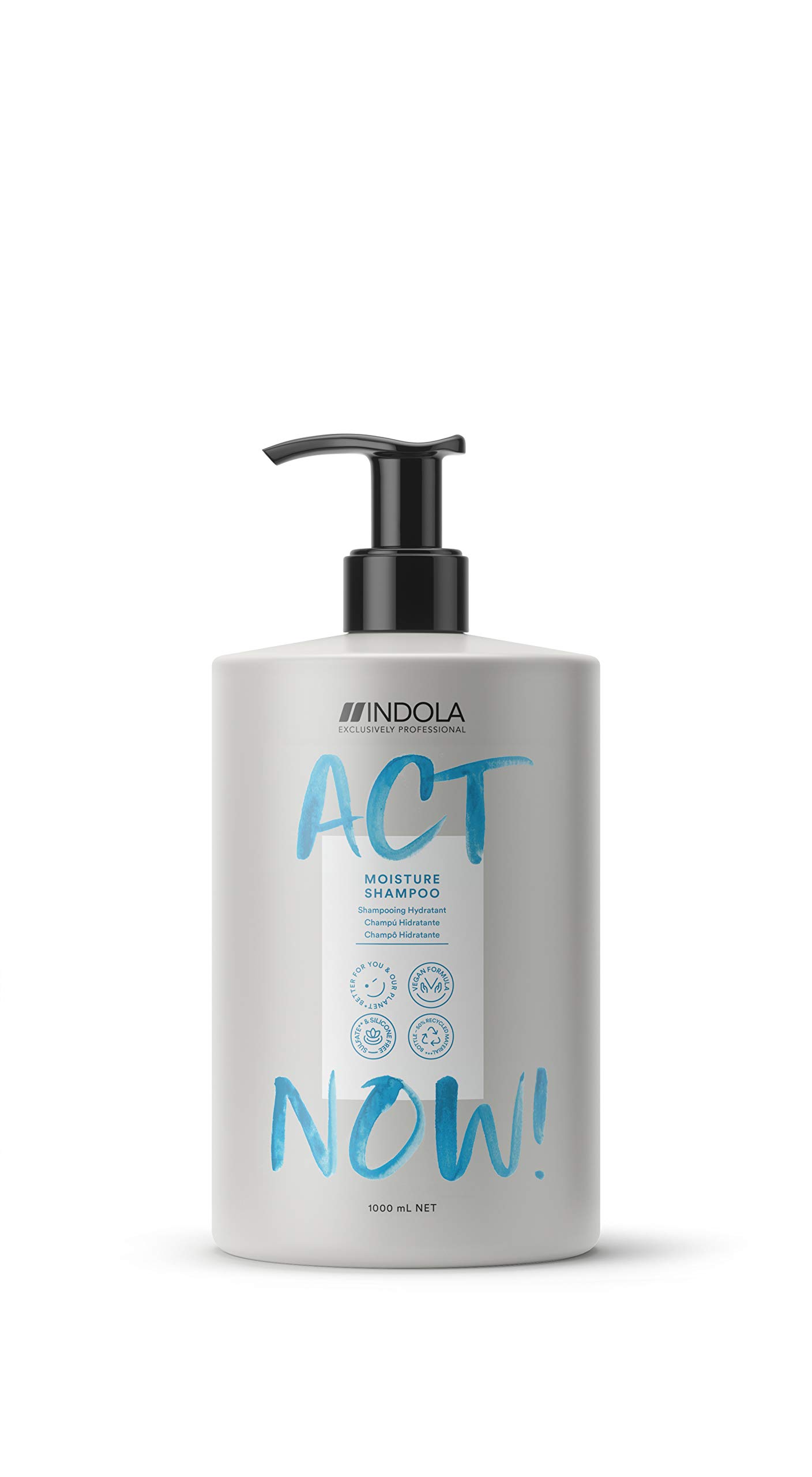 Indola Act Now Moisture Shampoo With Aloe Vera Leaf Extracts, Free From Sulfate Surfactants, SiliCones, Parabens & Artificial Color, For Hair Moisturise Hair, 1000ml