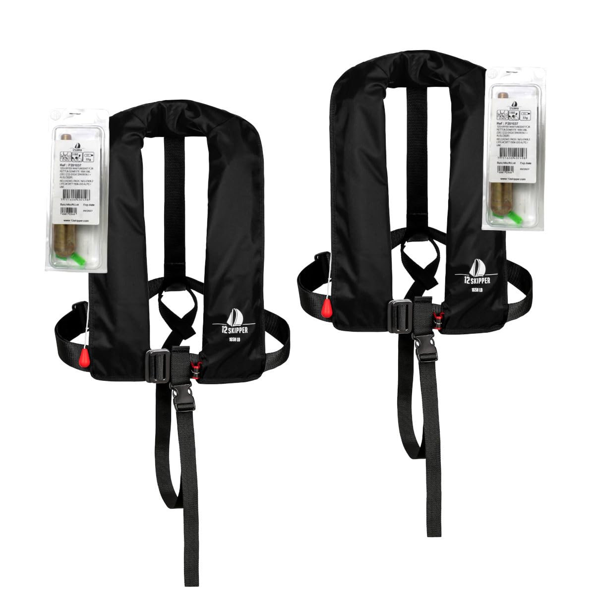 Set di 2 12skipper giubbotti di salvataggio automatici 165N ISO con imbragatura, nero incl. 2 kit di manutenzione