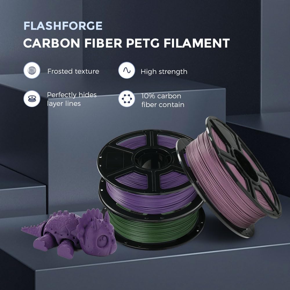 FLASHFORGE Filamento PETG in Fibra di Carbonio 1,75mm, Filamento per Stampante 3D in Fibra di Carbonio PETG, Bobina da 1KG Precisione Dimensionale ±0,02mm, Leggero& Resistente al Calore&Senza Umidità