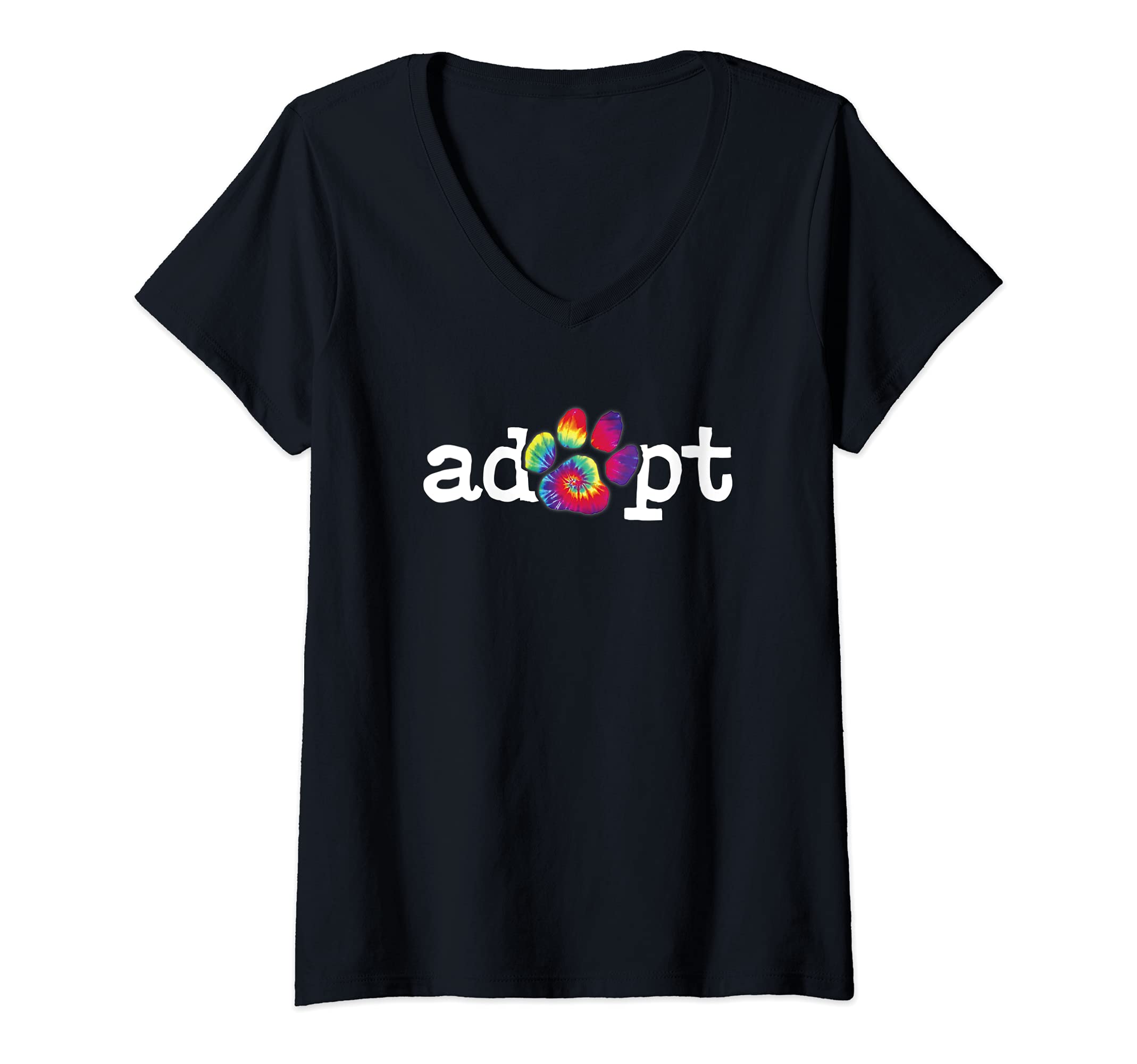 Womens Rescue Dog Shelter Dog Tie dye Paw Print Adopt Don't Shop V-Neck T-Shirt, Black