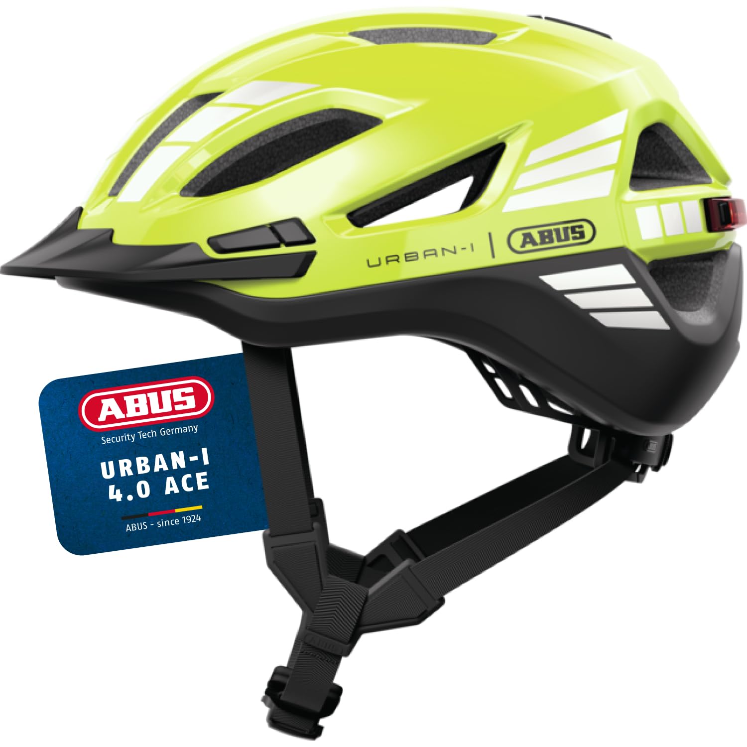 ABUS Stadthelm Urban-I 4.0 ACE - Fahrradhelm mit aufladbarem Rücklicht, 4 Leuchtmodi, Schirm, Zopf-Öffnung und magnetischem Verschluss - für Jugendliche, Frauen und Männer