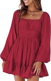 Womens Dress Long Lantern Sleeve Square Neck Tie Backless Sexy Dress Ruffle Elastic Waist A-Line Mini Dress - Buy now