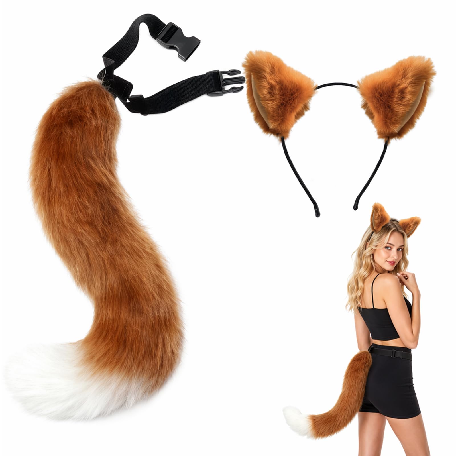 Fox Ears and Tail Set, Faux Fur Headband and Tail for Costume Parties