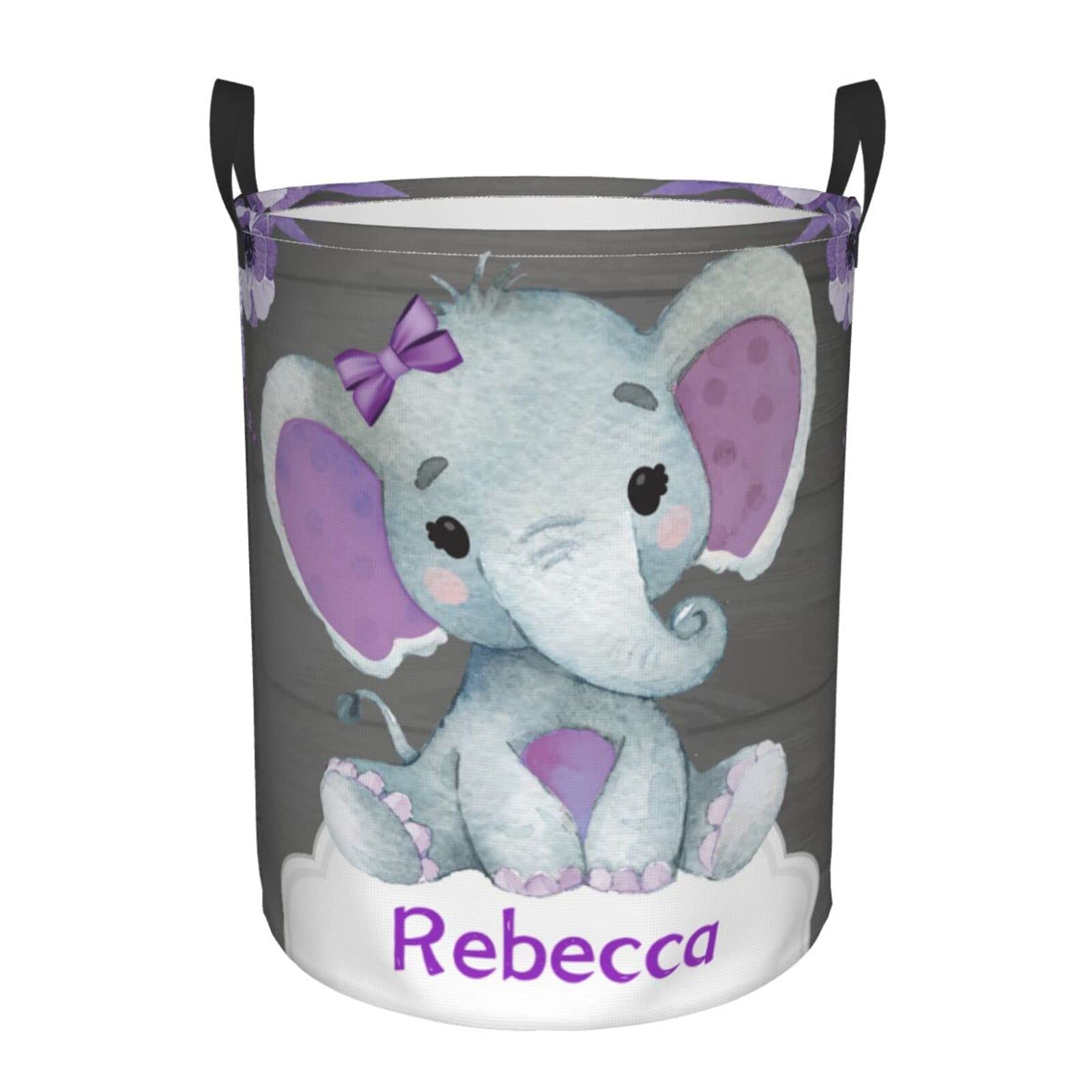 Purple Elephant Flower Customized Laundry Basket Clothes Hamper with Name Collapsible Waterproof Large Capacity Organizer Storage for Living Room.