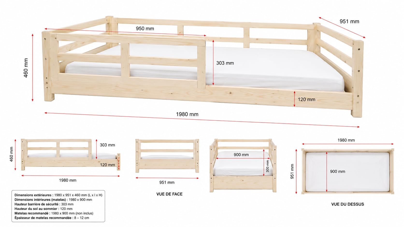 KONTARBOOR Cama infantil de 90 x 190 cm con barreras de seguridad – Montessori- Cama en el suelo de madera maciza natural – Estilo escandinavo mixto niña y niño – Somier incluido – Habitación infantil