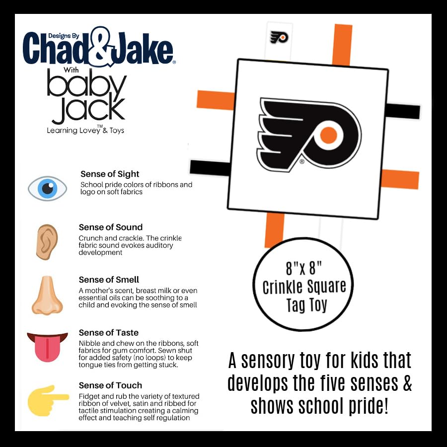 Image of The Learning Lovey Philadelphia Flyers Baby Tag Toy, NHL Hockey Sensory Crinkle Toys, Soft & Safe, Ideal Stroller, BPA-Free with Clip, 8 inch x 8 inch