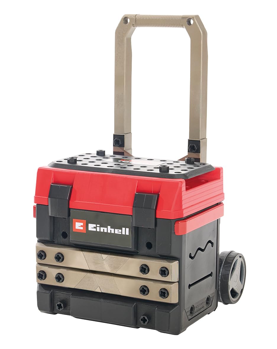 Einhell E-Case Werkbank 110-tlg., inkl. Mini-Schrauber, Stichsäge, Akku-Lampe und reichlich Zubehör, Größe ca. 70x33,5x95 (H) cm, Die erste transportfähige und mitwachsende Werkbank für Kinder. 3 Spie