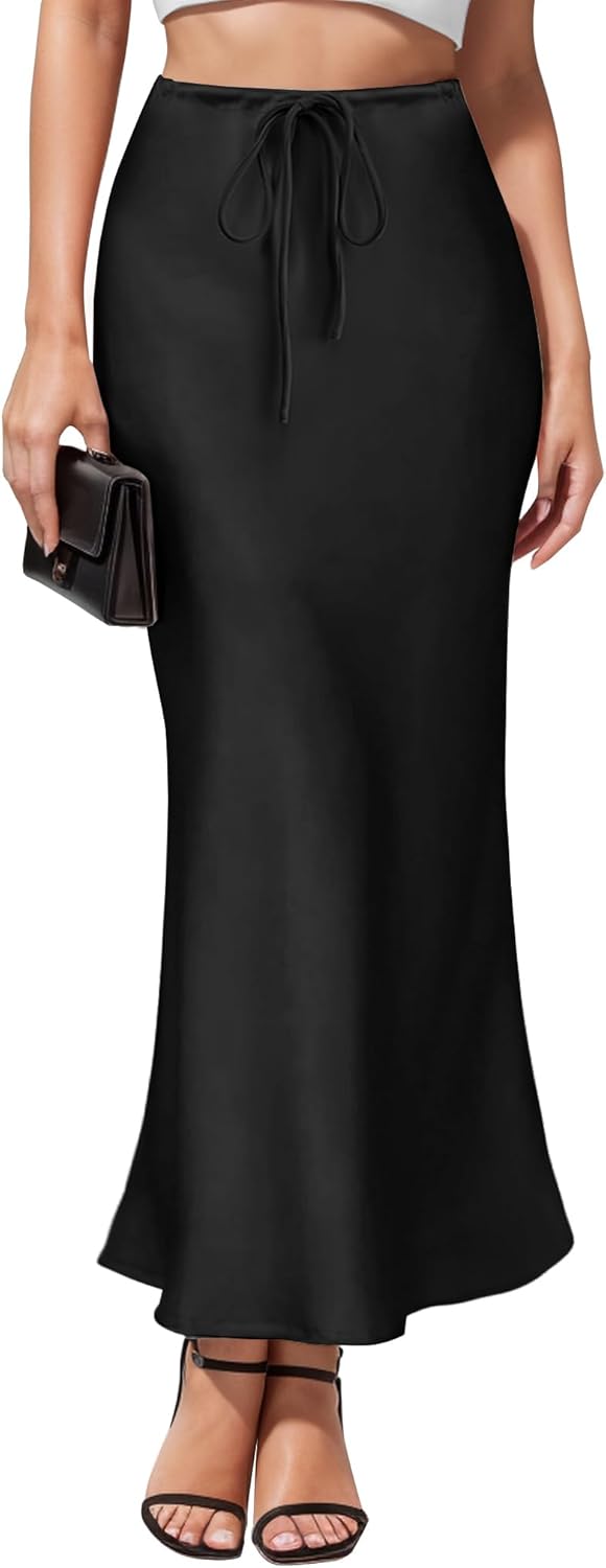 Women's Maxi Skirts Satin Drawstring High Waisted Silk Elegant Flowy Casual A-Line Long Skirt for Women