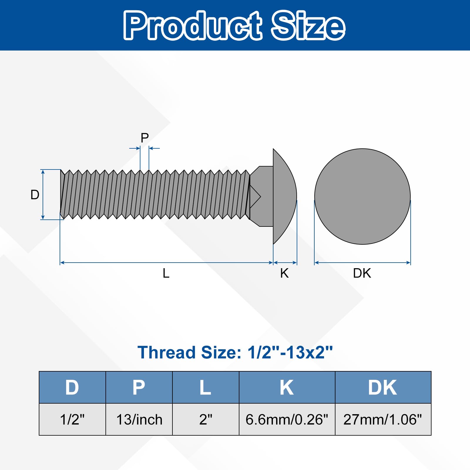 QUARKZMAN 10Pcs Bulloni A Testa Tonda Con Collare 1/2"-13x2" Argento