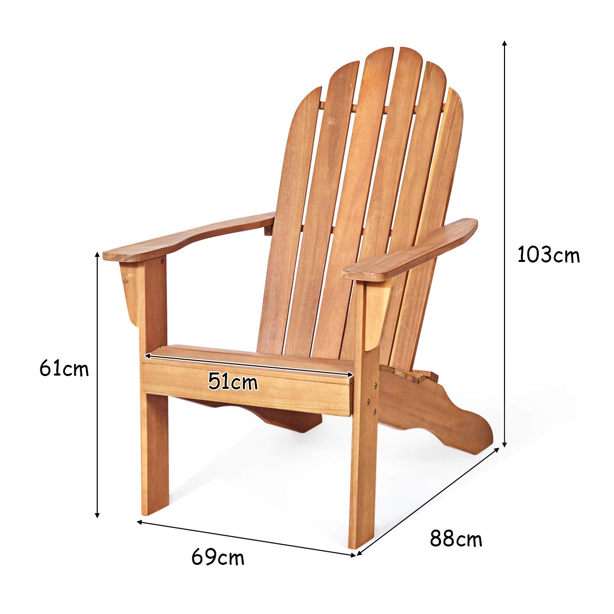 COSTWAY Silla Jardín Adirondack de Madera, Silla de Madera de Jardín con Reposabrazos y Respaldo Alto, Silla Jardin Exterior para Terraza Balcón, Silla para Hogueras de 69 x 88 x 103 cm, Natural