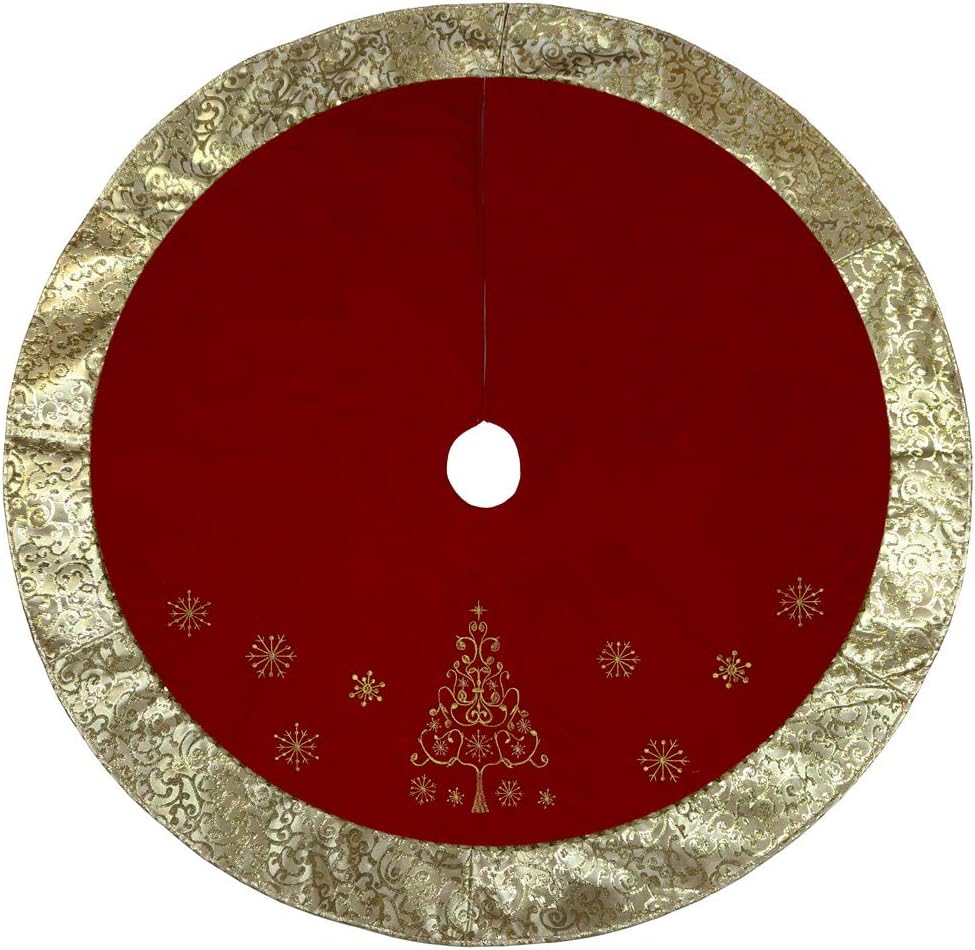 48“ Red and Gold Christmas Tree Skirt Warm Soft Velvet Material with Embroidery Christmas Tree and Beaded Border