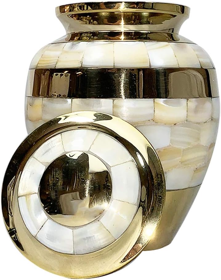 Urns for Pets and Humans, Brass Mother of Pearl Cremation Urn, Medium Size urn Holds 40 pounds