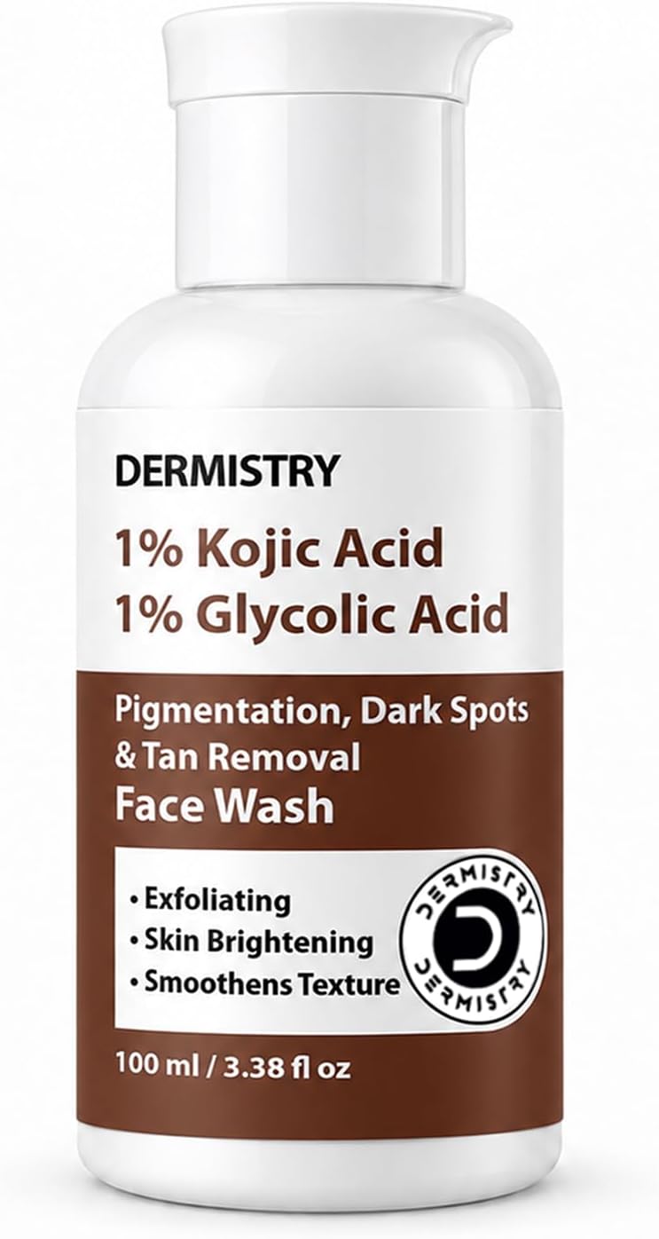 1% Kojic Acid + 1% Glycolic Acid Glowing Skin Lightening Brightening Face Wash for Pigmentation Dark Spots Uneven Tone De D Tan Removal for Men Women Dry Oily Skin 100ml