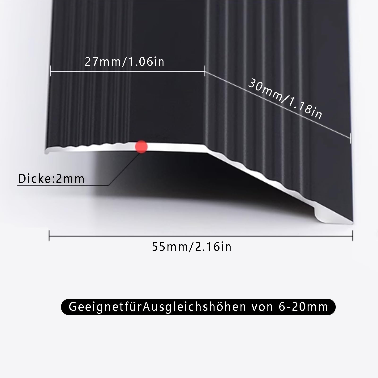 Aluminiowy profil przejściowy, osłona szczeliny podłogowej, trwała listwa przejściowa, długość 90 cm, szerokość 55 mm, kompatybilność z regulacją wysokości, jasne srebrne wykończenie