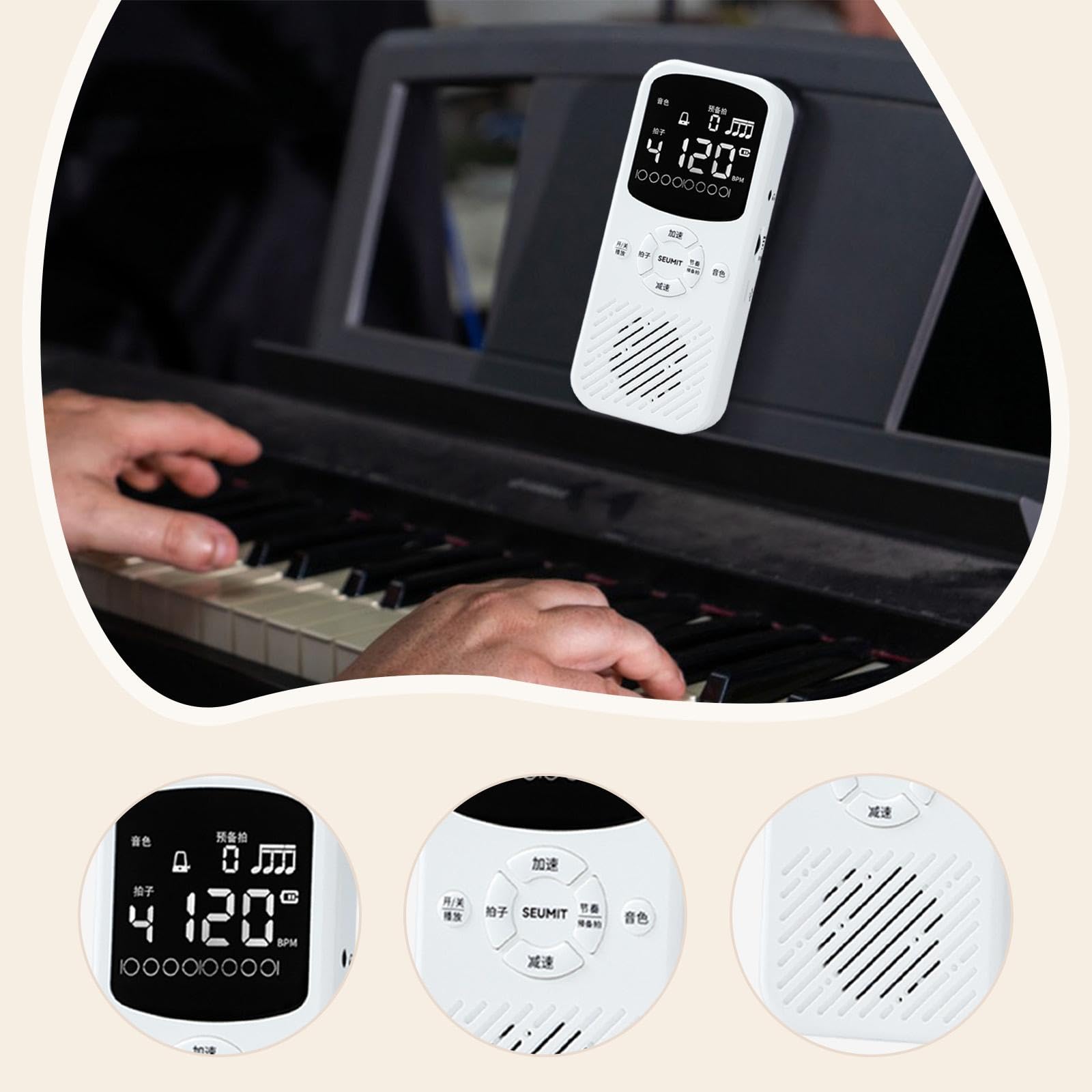 Metronomo Elettronico Digitale Portatile con Display Retroilluminato, Volume Regolabile, Suoni Elettronici E Meccanici, Connessione di Tipo C, Consigl, Bianco